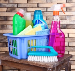 a basket full of cleaning products and brushes.